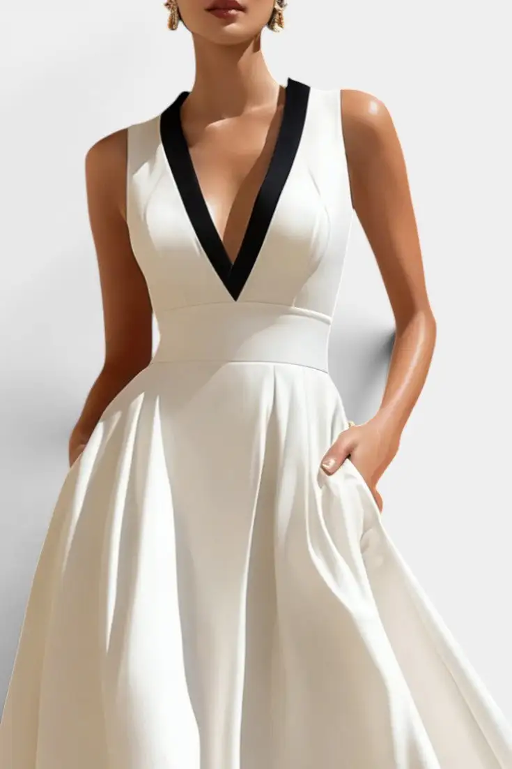 V-Neck Pocket-Detail Midi Dress