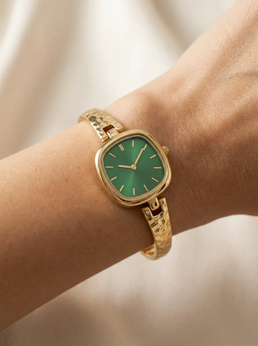 Emerald Green Square Dial Hammered Bangle Watch