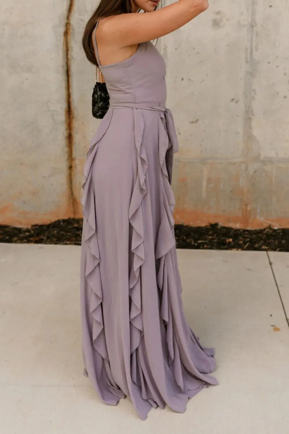 Ruffle Detail Tied Waist Maxi Dress