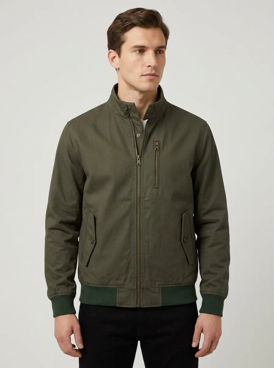 Men's Military Style Olive Green Zip-Up Bomber Jacket