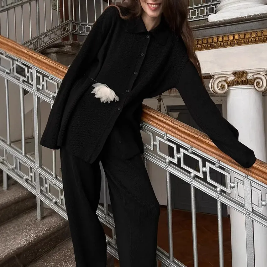 Relaxed Ribbed Sweater And Pants Set With Collar