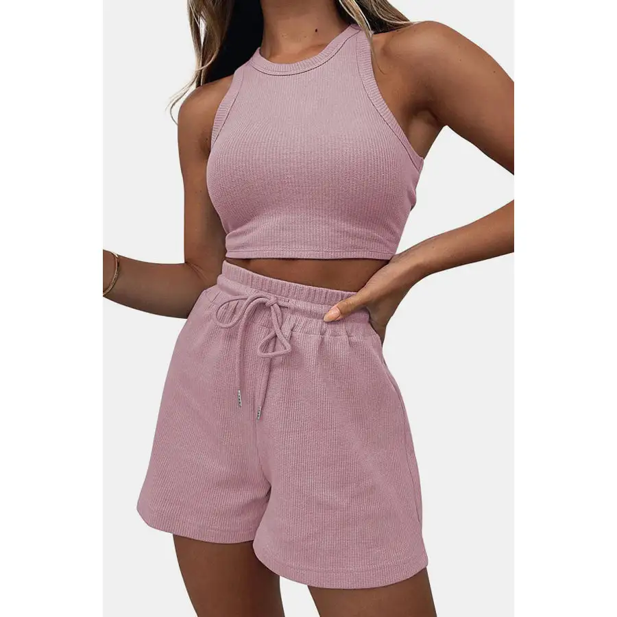 Relaxed Round Neck Top and Drawstring Shorts Set