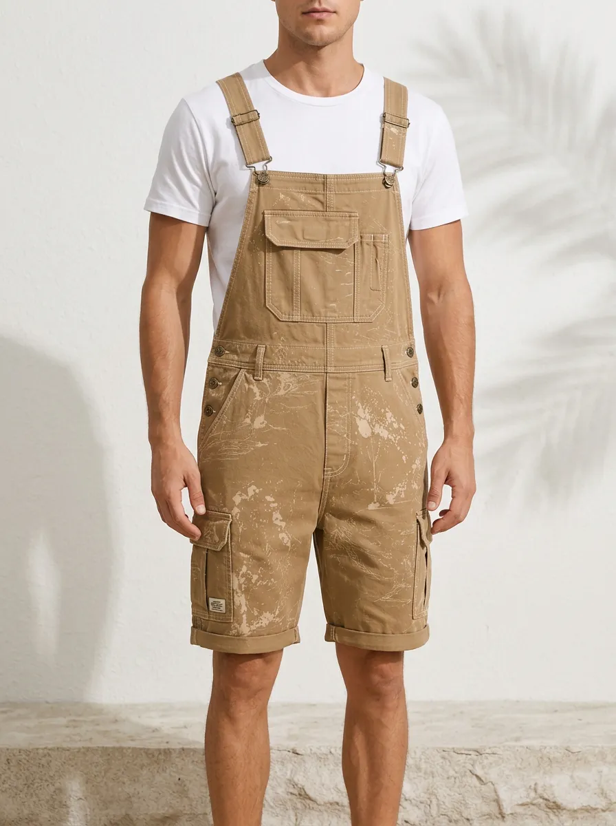 Men's Casual Streetwear Paint Splatter Printed Cargo Overalls Shorts