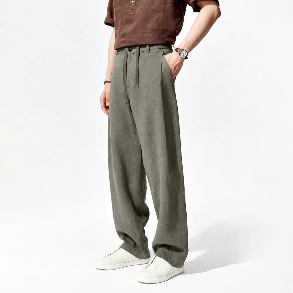 Men's Heavyweight Pure Linen Straight-Leg Casual Trousers – 