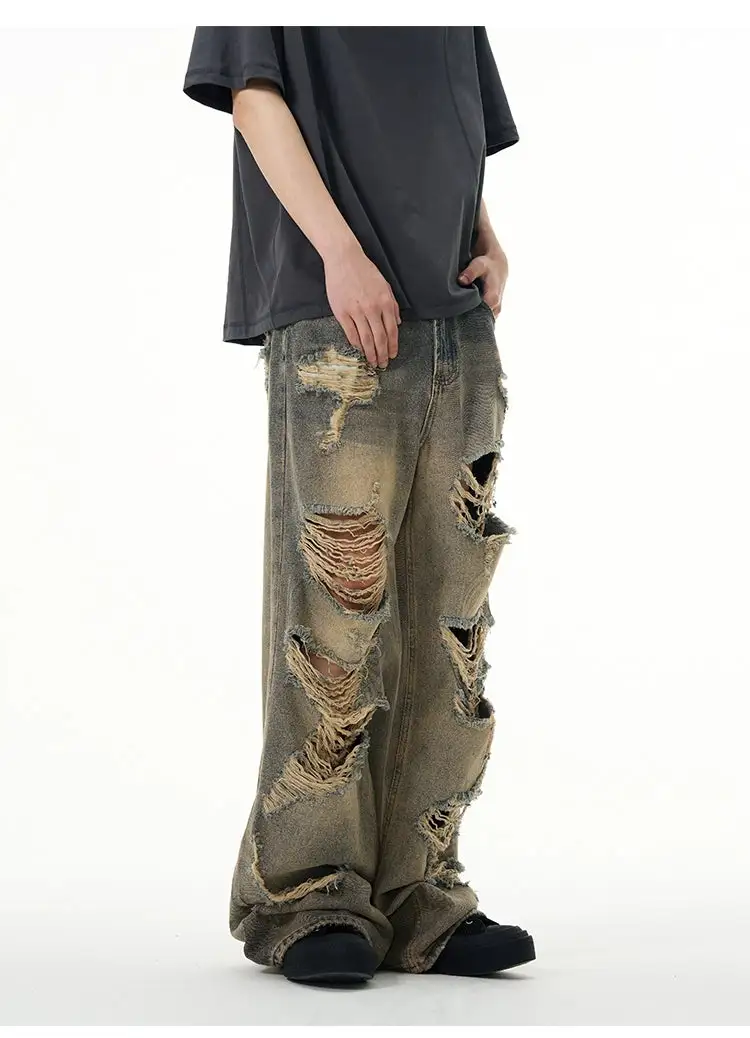 Wide-Leg Distressed Ripped Jeans