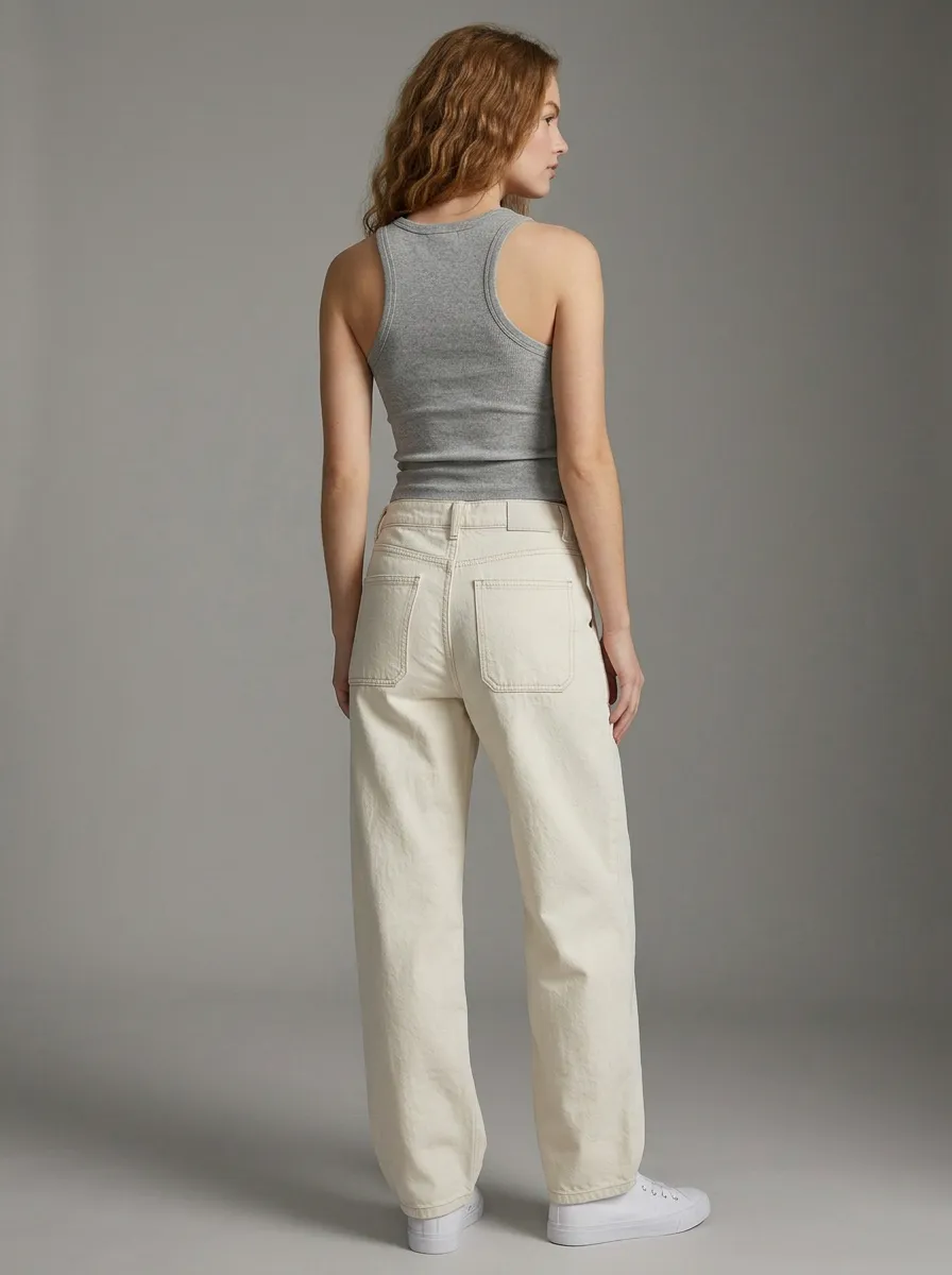 Women's Casual Style Off-White Wide Leg Denim Jeans