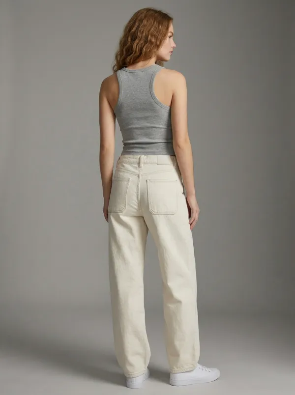 Women's Casual Style Off-White Wide Leg Denim Jeans