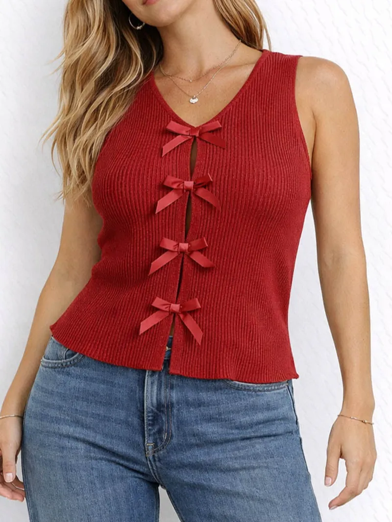 Chic Bow Front Ribbed Knit Round Neck Sleeveless Top