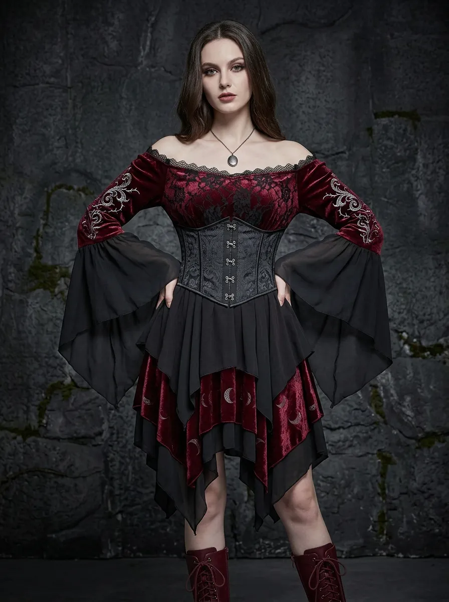 Women's Gothic Moon Pattern Velvet Lace Printed Mini Dress