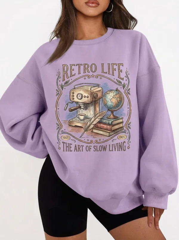 Women's Retro Coffee Globe Books Printed Sweatshirt