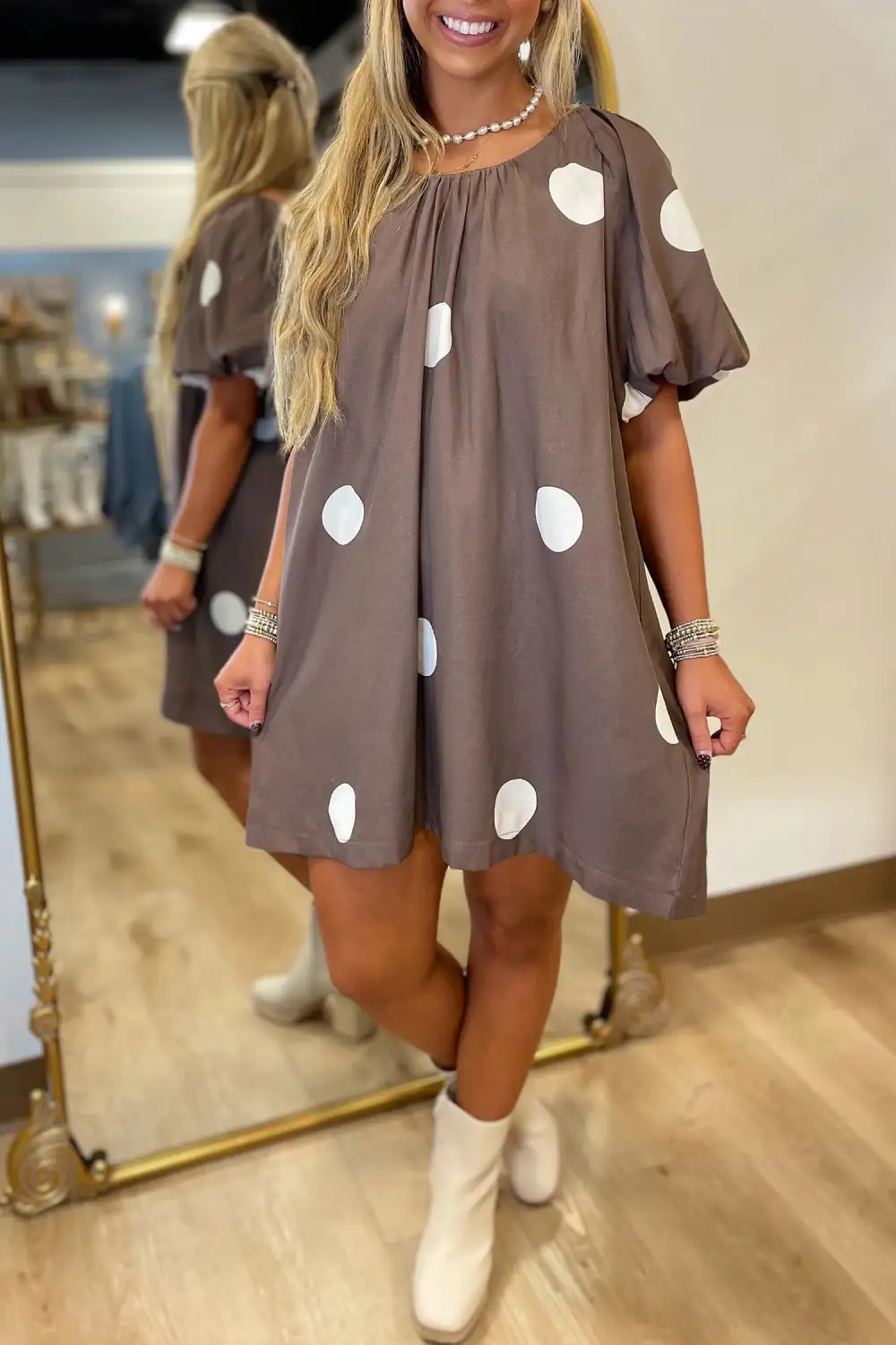 Polka Dot Printed Puff Sleeve Mini Dress
