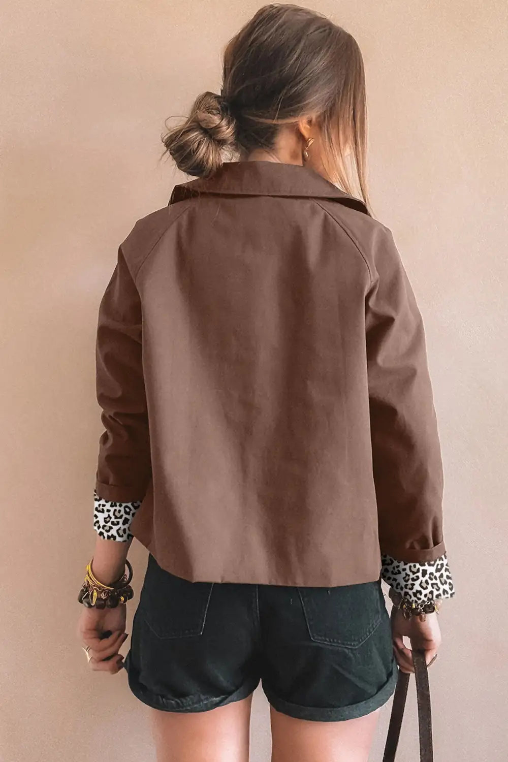 Collared Leopard-Print Patchwork Jacket