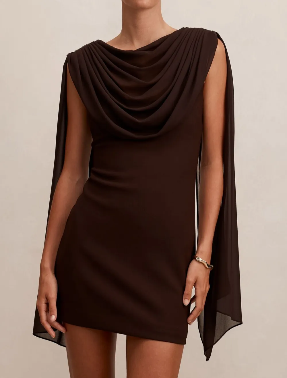 Brown Mini Dress With Attached Flowy Shawl