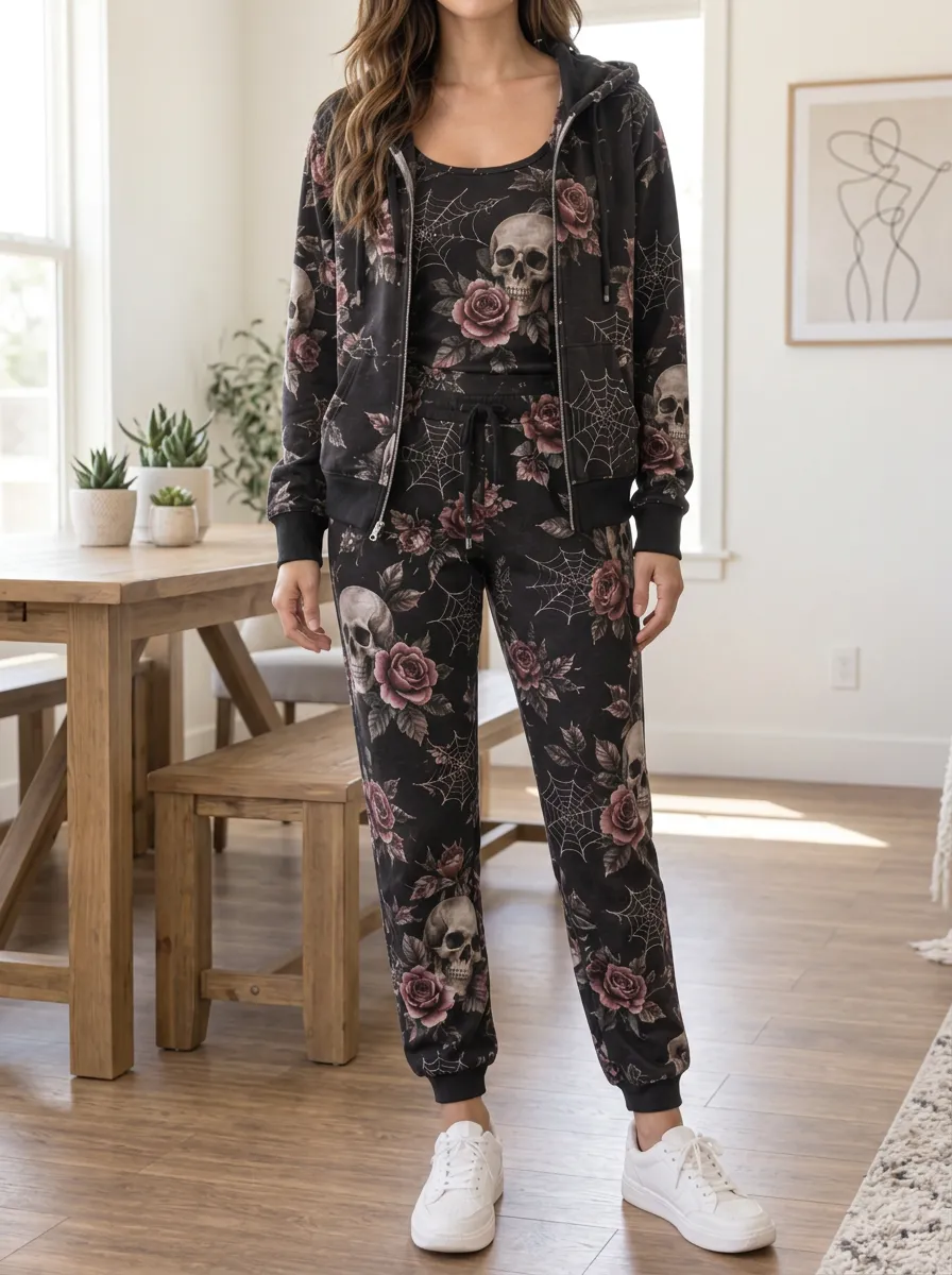 Women's Halloween Gothic Skull Rose Spiderweb Hooded Lounge Set