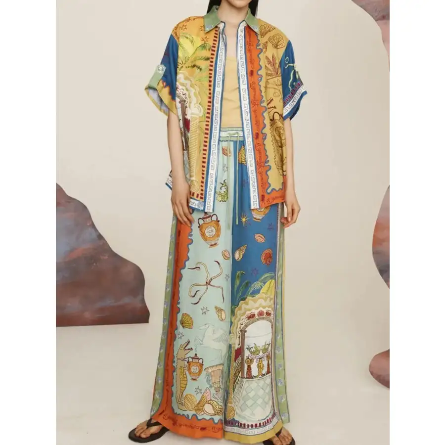Relaxed Printed Button Up Shirt and Pants Set