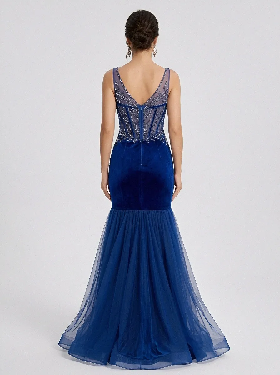 Women's Velvet Beaded Corset Tulle Slit Evening Gown