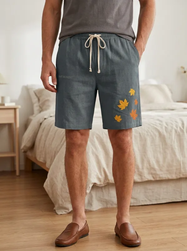Leaf-print Drawstring Textured Shorts