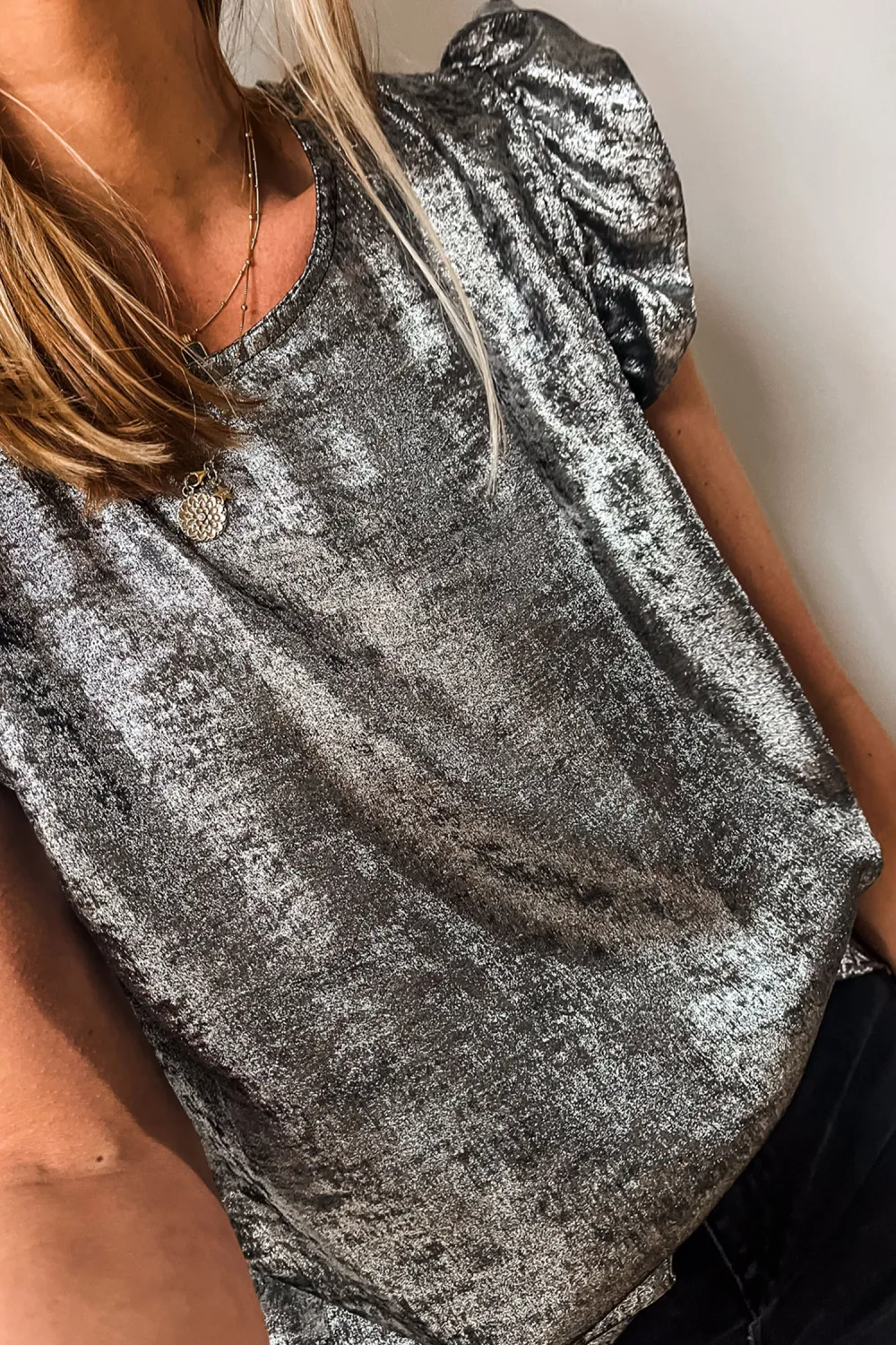 Silvery Metallic Round Neck Ruffle Top