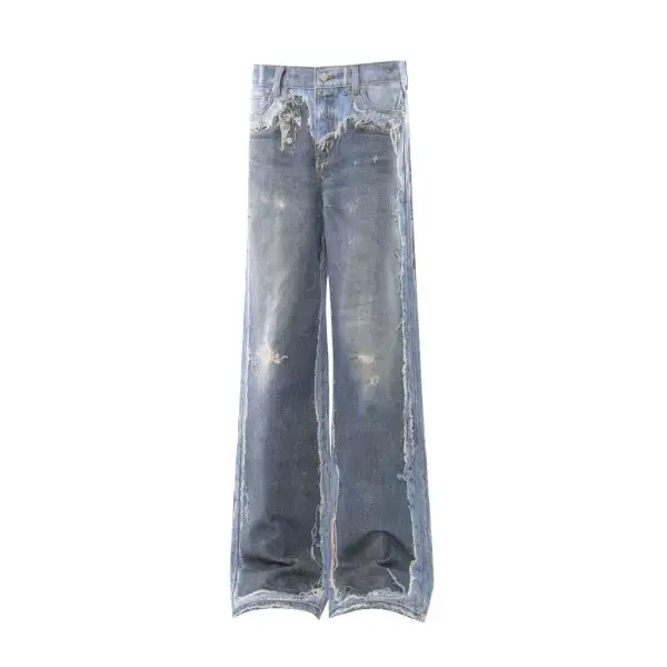 Relaxed Straight Leg Distressed Denim Jeans