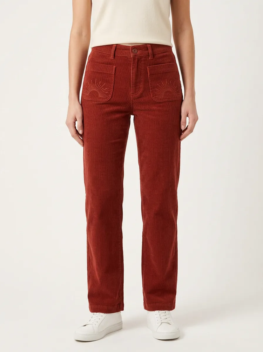 Women's Sunburst Pocket Embroidered Corduroy Straight-Leg Pants