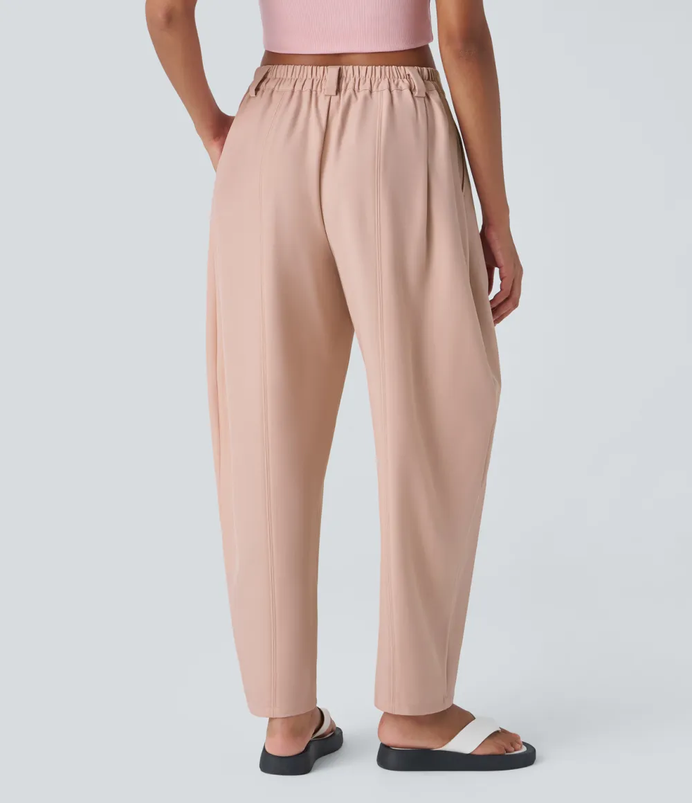 Mid Rise Plicated Side Pocket Barrel Leg Work Pants