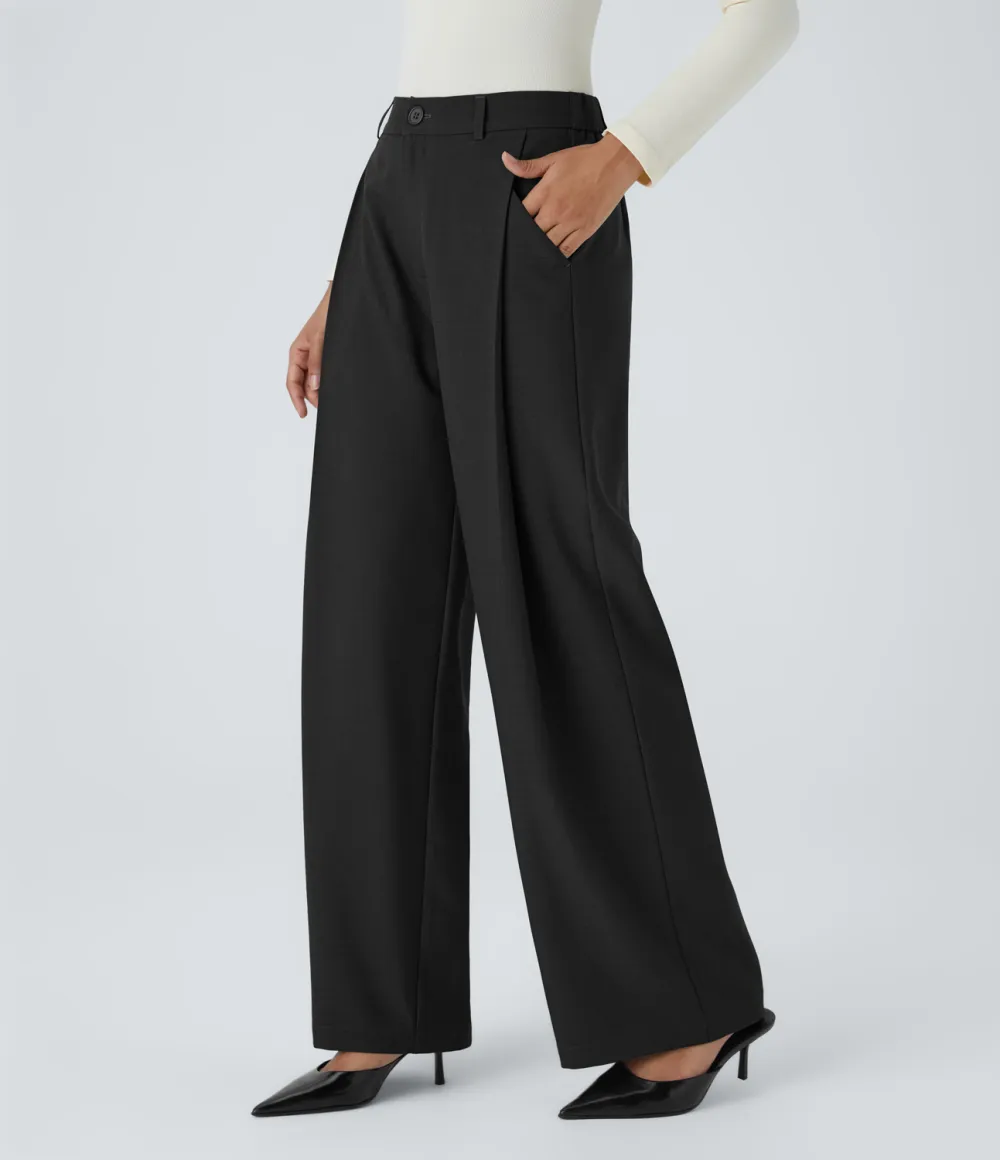 High Waisted Pleated Side Pocket Wide Leg Work Pants