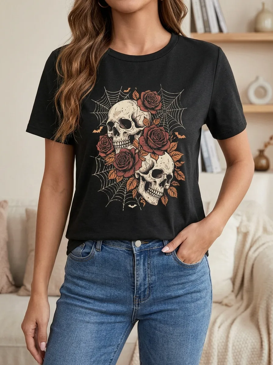 Women's Halloween Gothic Skull Rose Web Printed T-shirt