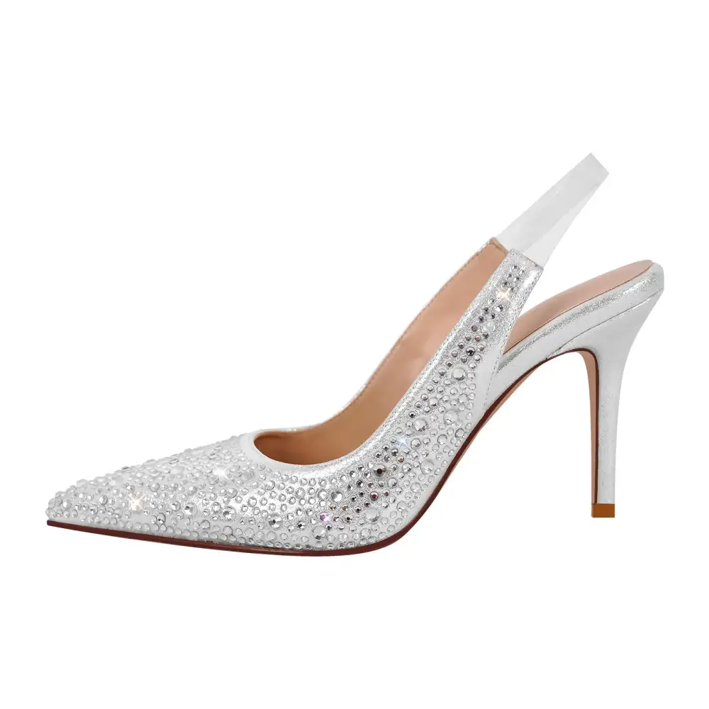 Rhinestone Pointed Toe Mid Heel Slingback Pumps