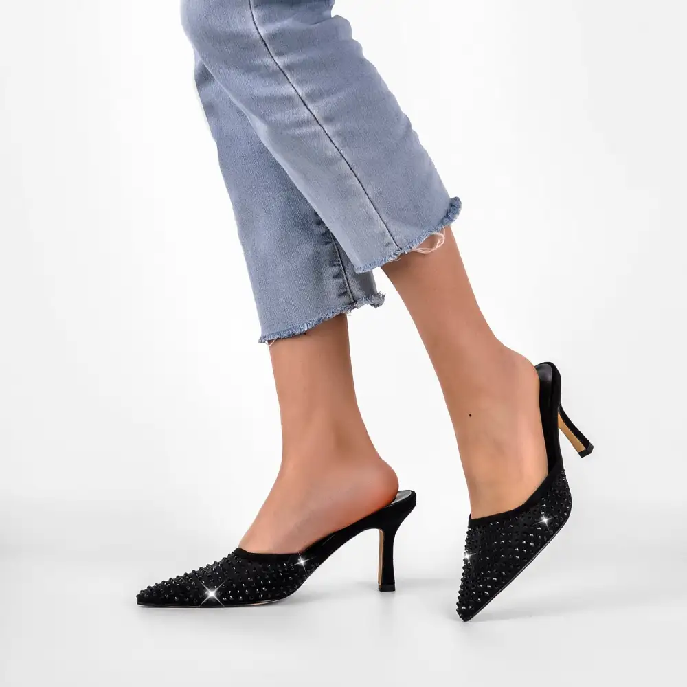 Rhinestone Pointed Toe Stiletto Slip On Heeled Mules