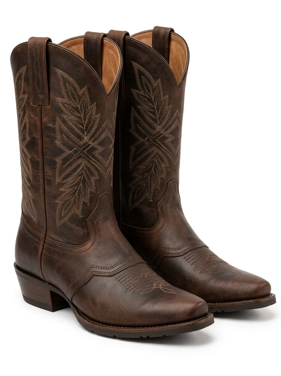 Men's Brown Leather Cowboy Boots with Detailed Stitchwork