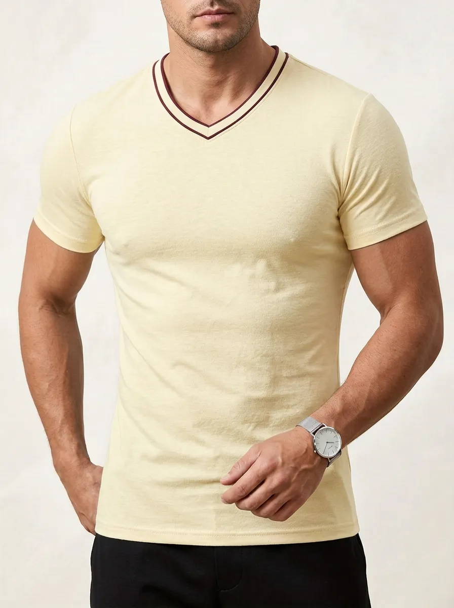 Classic Contrast Trim V-Neck Edit Men's Slim Fit Short Sleeve T-Shirt
