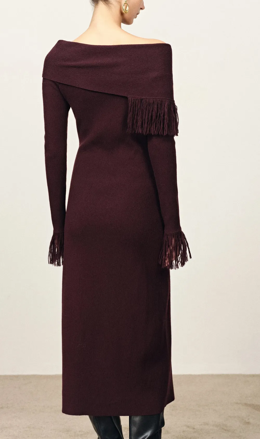 One Shoulder Asymmetric Fringed Merino Wool Midi Dress