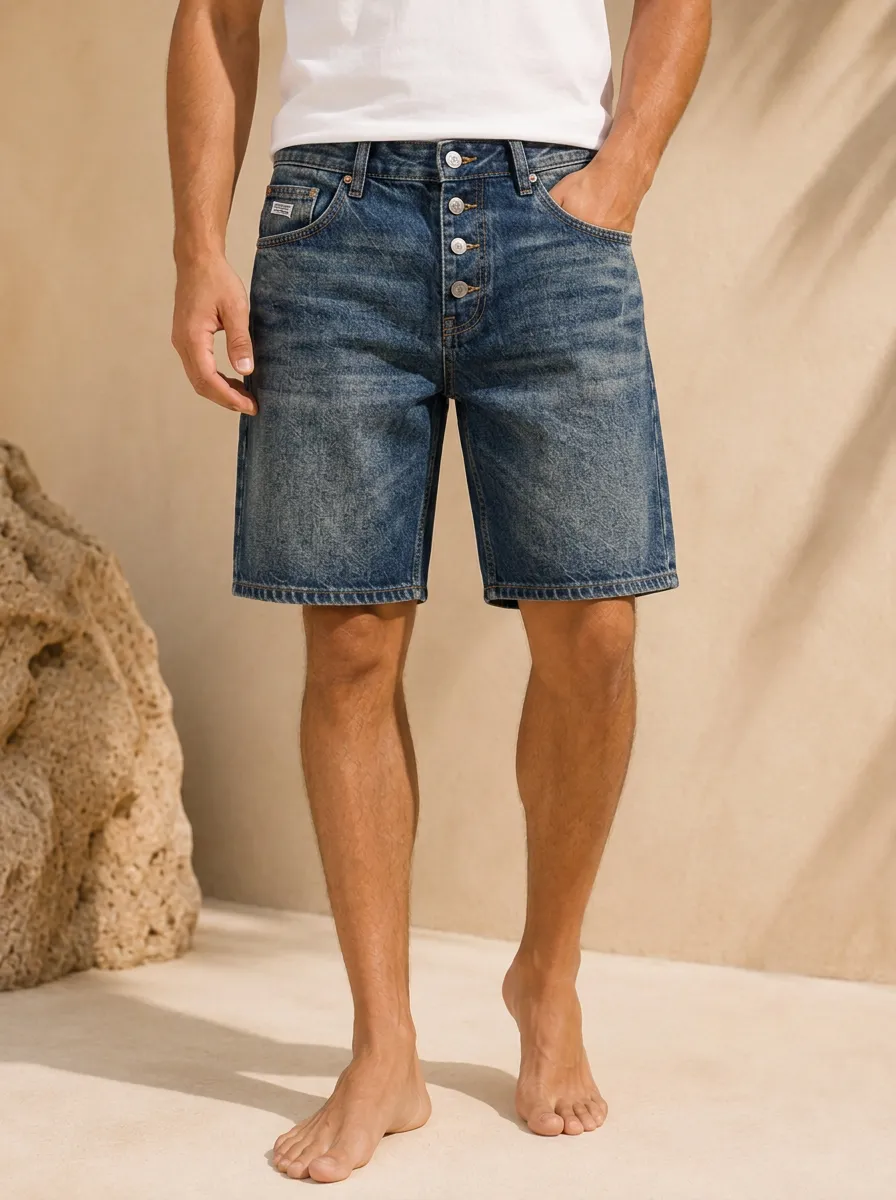 Men's Casual Vintage Wash Button Fly Denim Shorts