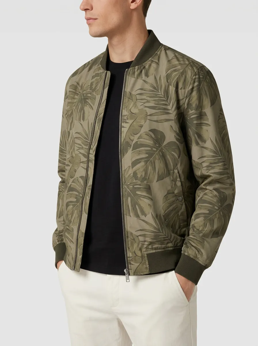 Men's Leaf Print Bomber Jacket with Full-length metal front zipper