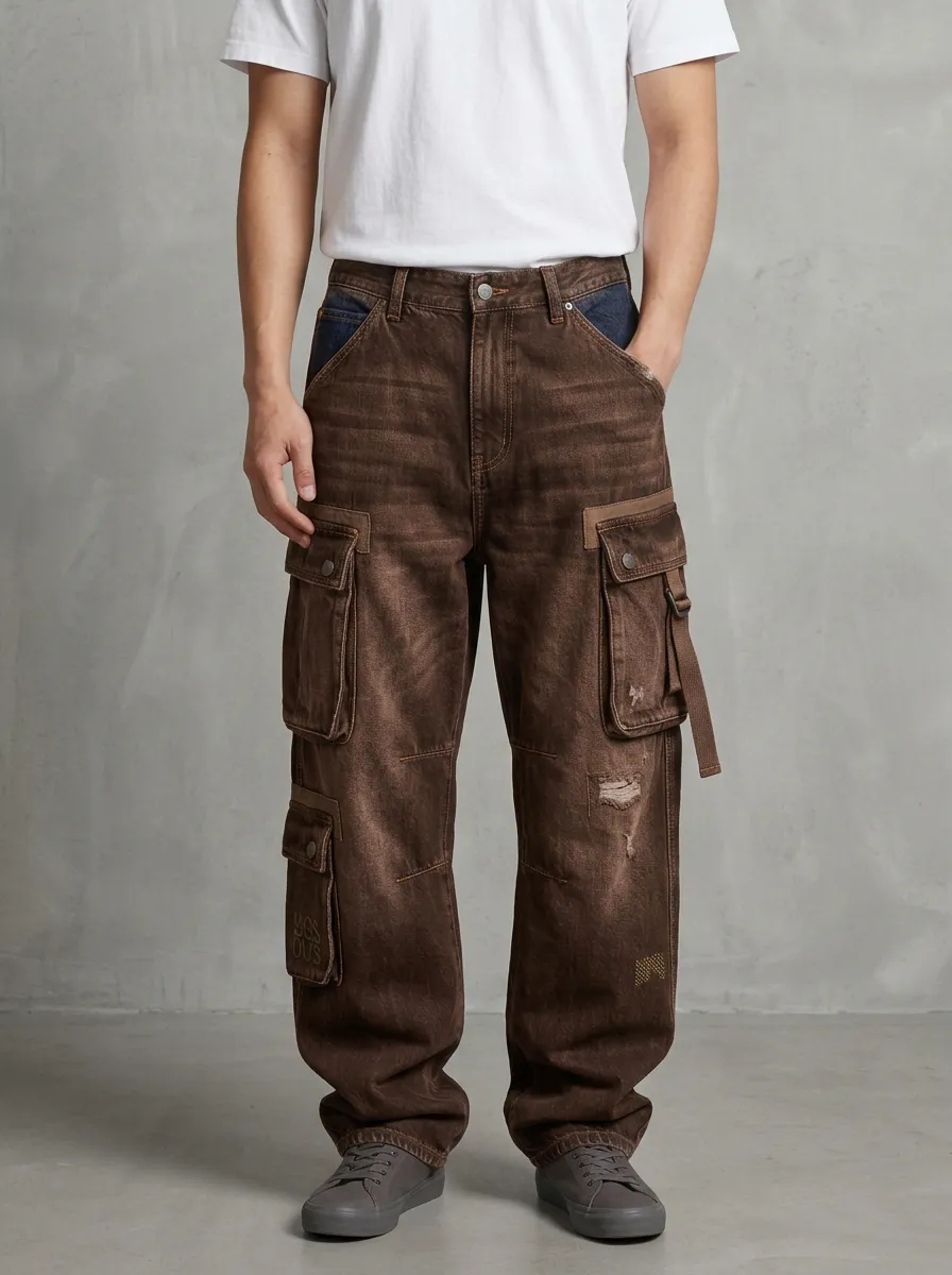 Men's Outpost Streetwear Distressed Denim Multi-Pocket Cargo Jeans