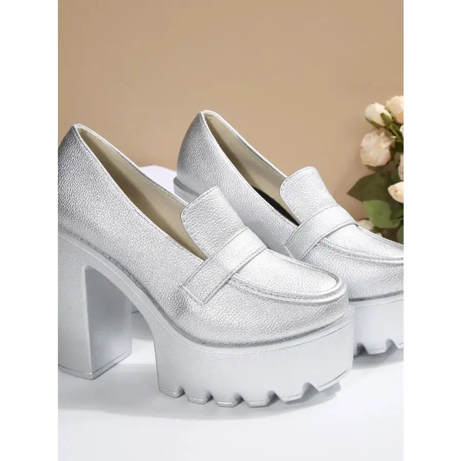 Round Toe Platform Block Heels Pumps