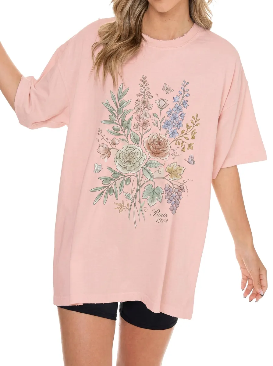 Women's Paris 1974 Floral Bouquet Butterfly Printed T-shirt