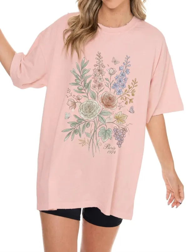 Women's Paris 1974 Floral Bouquet Butterfly Printed T-shirt