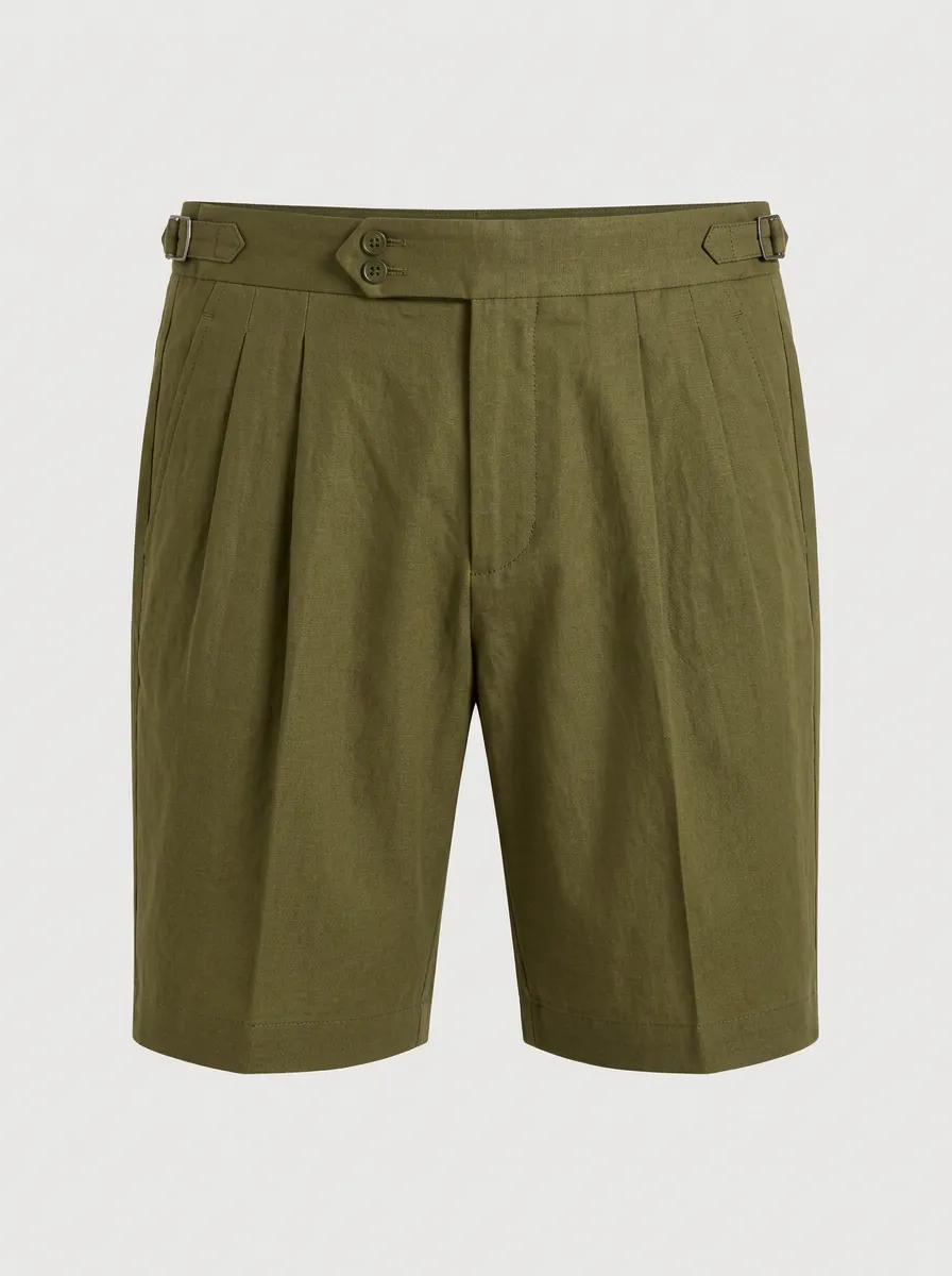 Men's Olive Green Pleated Linen Side Adjuster Shorts