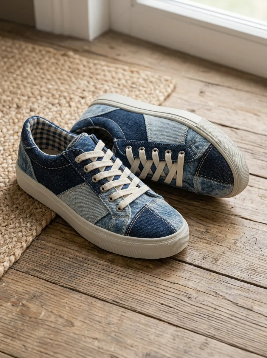 Women's Casual Denim Patchwork Gingham Lined Printed Sneakers
