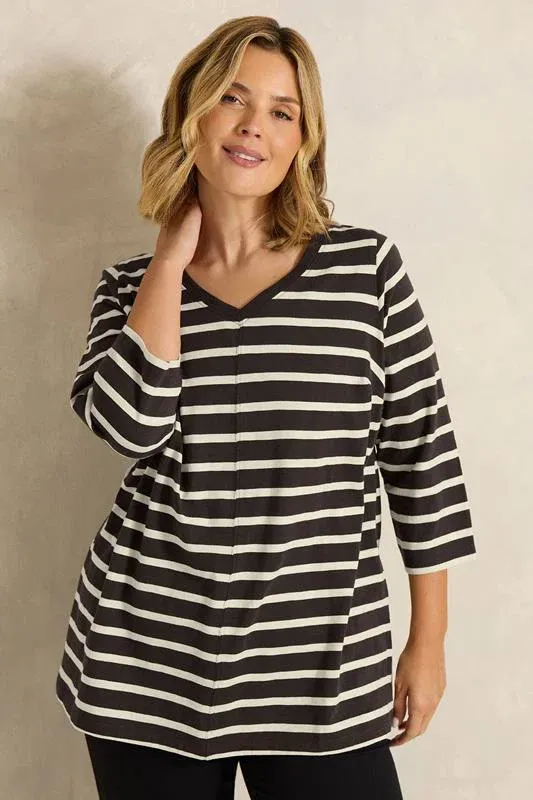 Chocolate Brown Stripe V-Neck Cotton Top