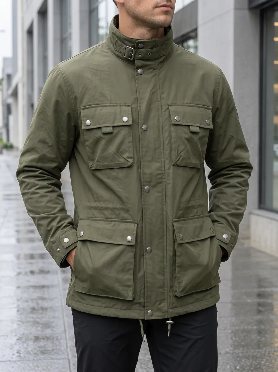 Men's Olive Green Waterproof Field Jacket with Adjustable Cuffs and Snap Fastenings