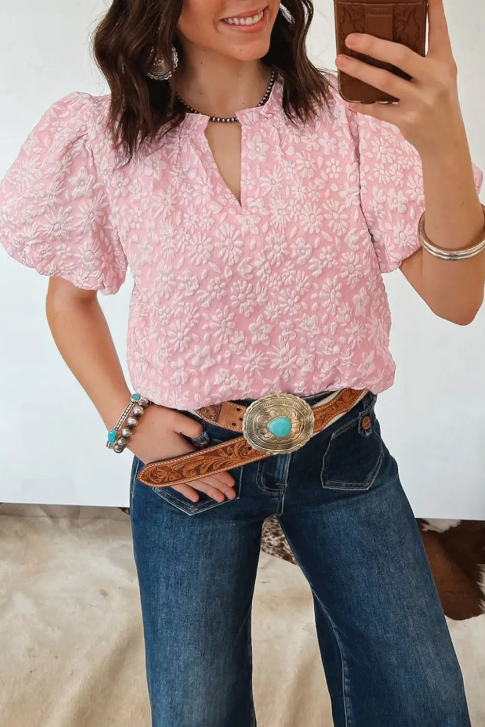 Floral Textured Puff Sleeve Blouse