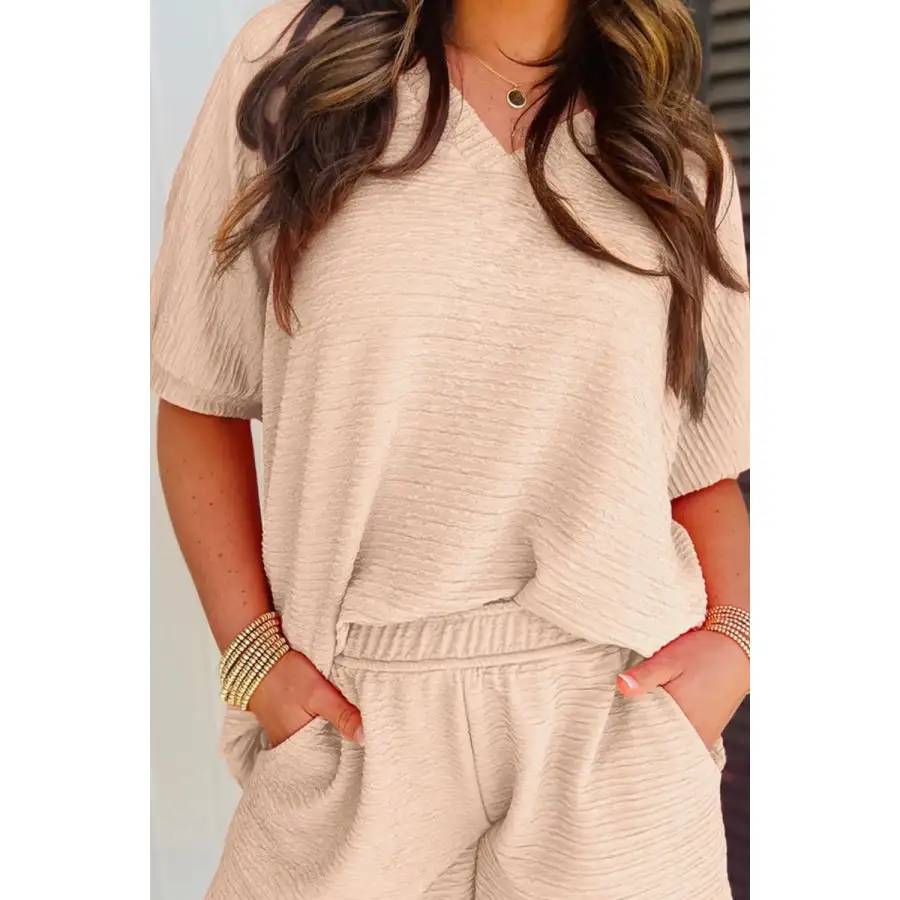 Textured V Neck T Shirt and Shorts Set