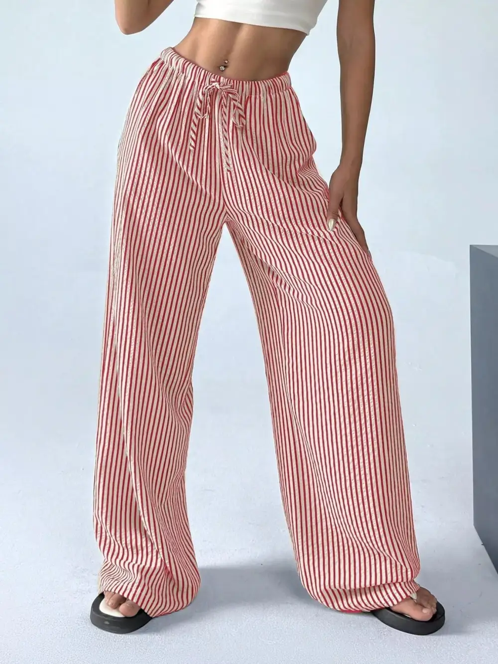 Wide Leg Drawstring Striped Pocketed Pants