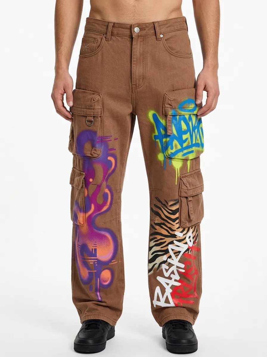 Men's Streetwear Graffiti Tiger Print Graphic Cargo Jeans