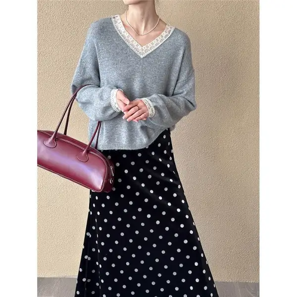 Easy-Wear Lace V Neck Lace Trim Sweater