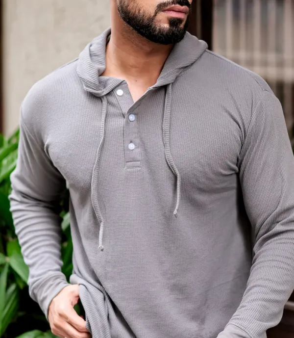 Grey Hooded Henley Style Casual Shirt