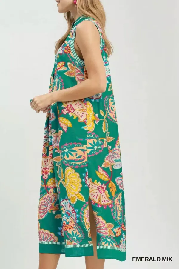 Everyday Paisley Print Sleeveless Side Slit Midi Dress