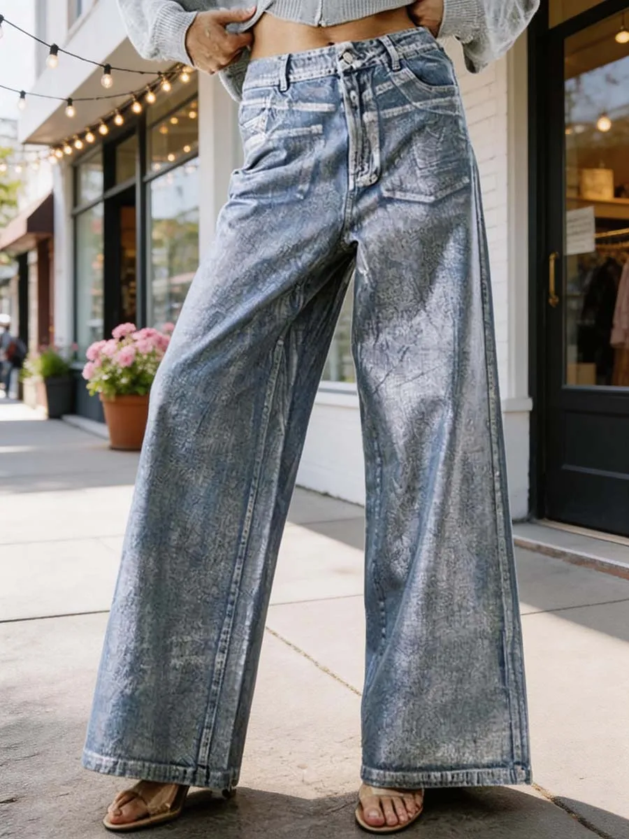 Printed High Waist Relaxed Fit Wide Leg Seamed Jeans